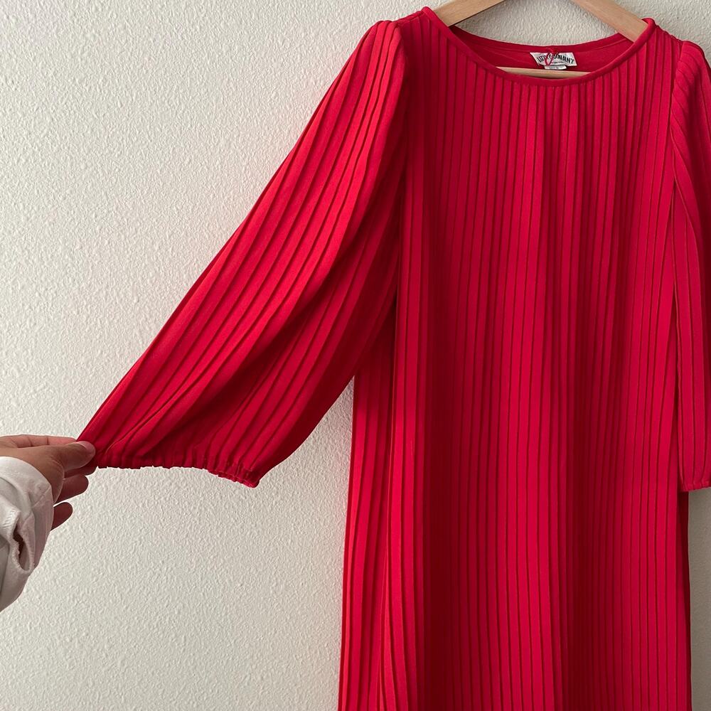 80s vintage red pleated midi dress with puff sleeves maximalist - Picture 2 of 10